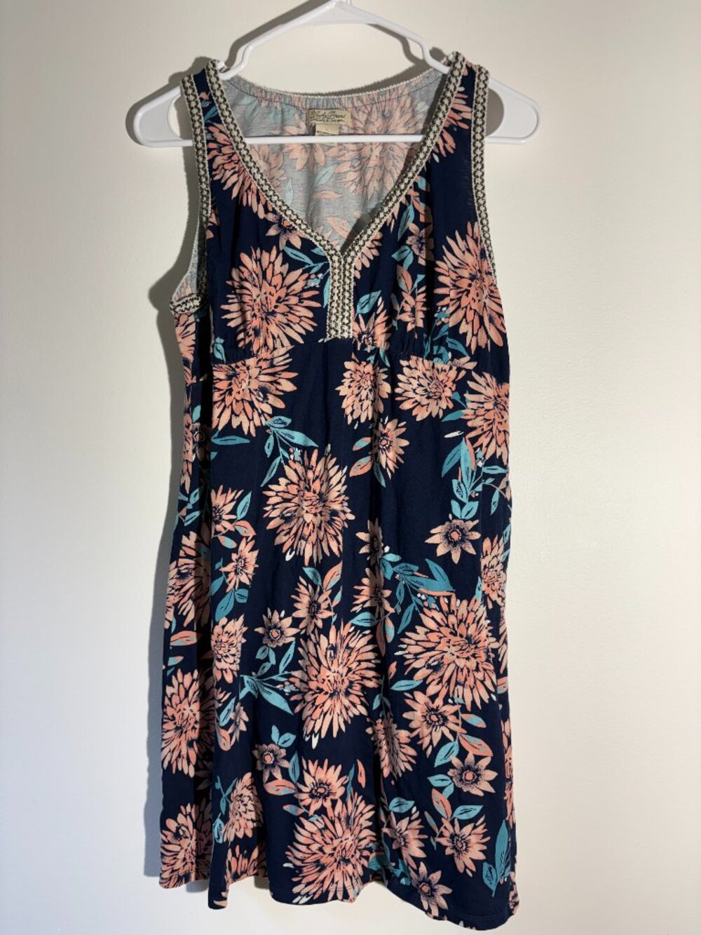 Lucky Brand Floral Knit Dress Large Navy Blue Pink Chrysanthemum Empire Waist L